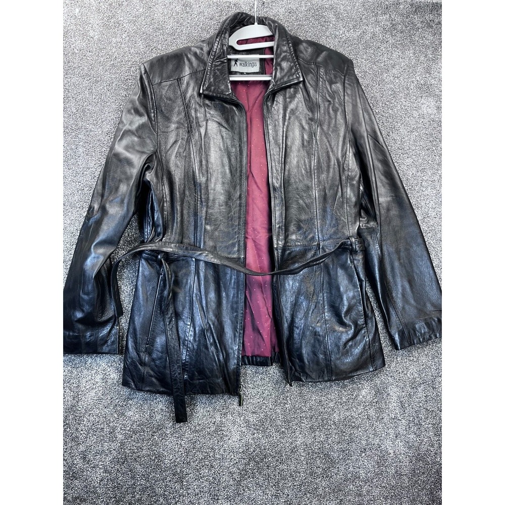 Walking‎ Co Jacket Womens XL Long Sleeve Belted Leather Coat Zip Up Black